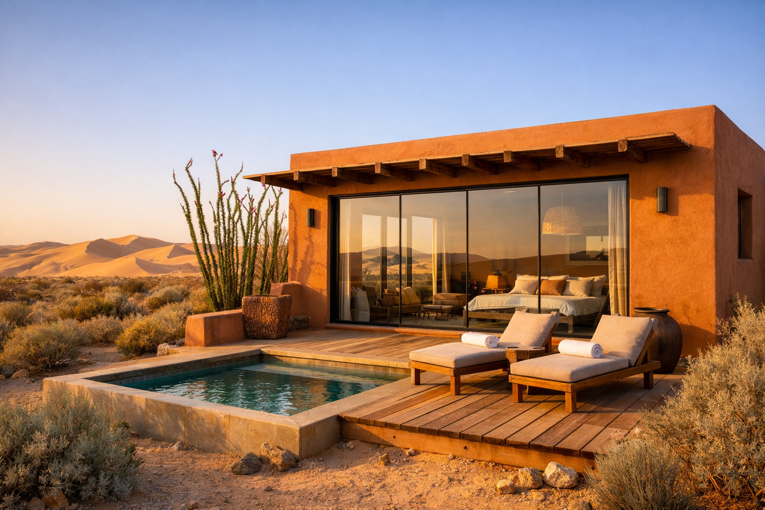 Ocotillo adobe cabin with glass wall facing the dunes