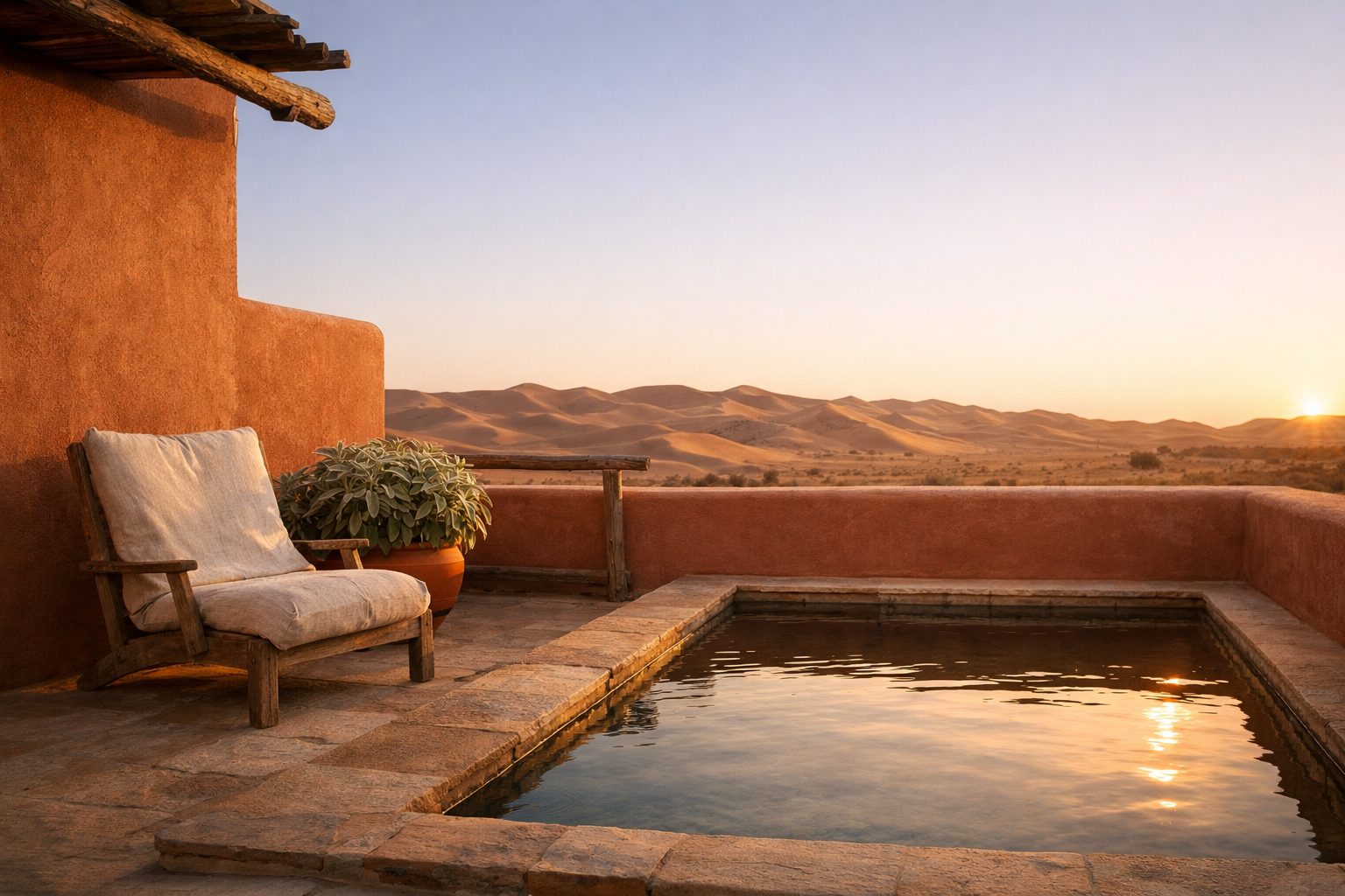 Private cabin terrace with plunge pool overlooking the dunes