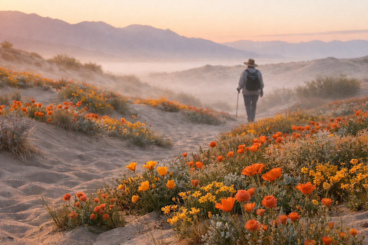 Desert superbloom at dawn during a guided walk