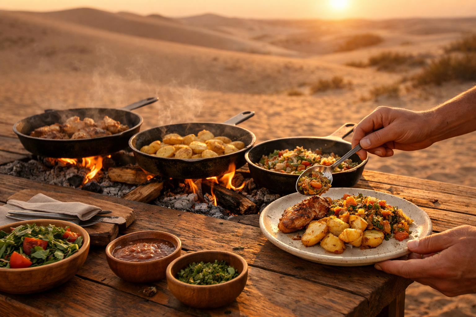 Open-fire desert cooking at a communal ridge table